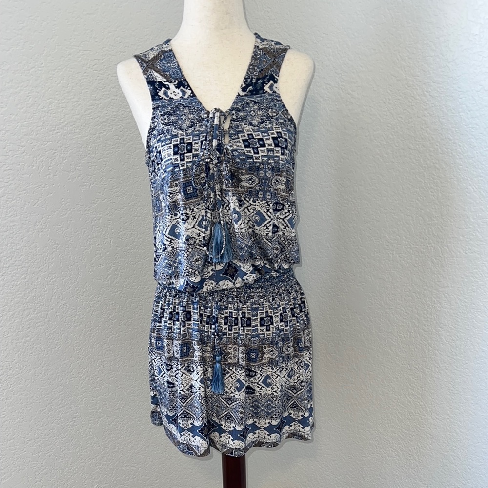 Allison Joy Smocked Waist Geometric Pattern Blue Dress Size Small